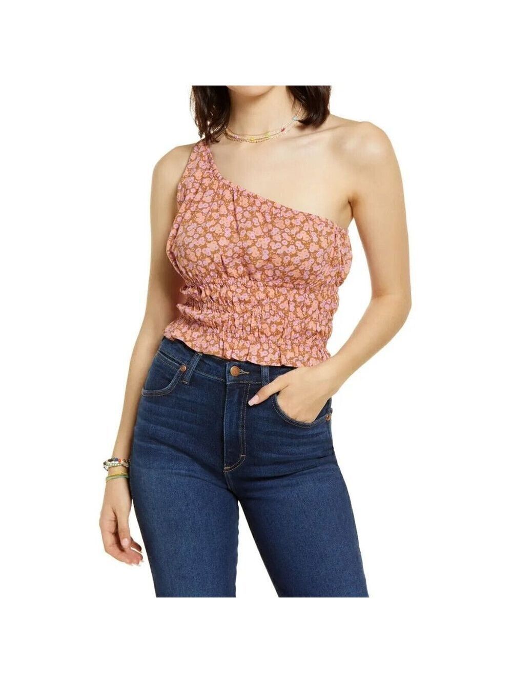 BP Womens Tan Pink Floral One Shoulder Bnwot Crop Top "Allison" Nordstrom